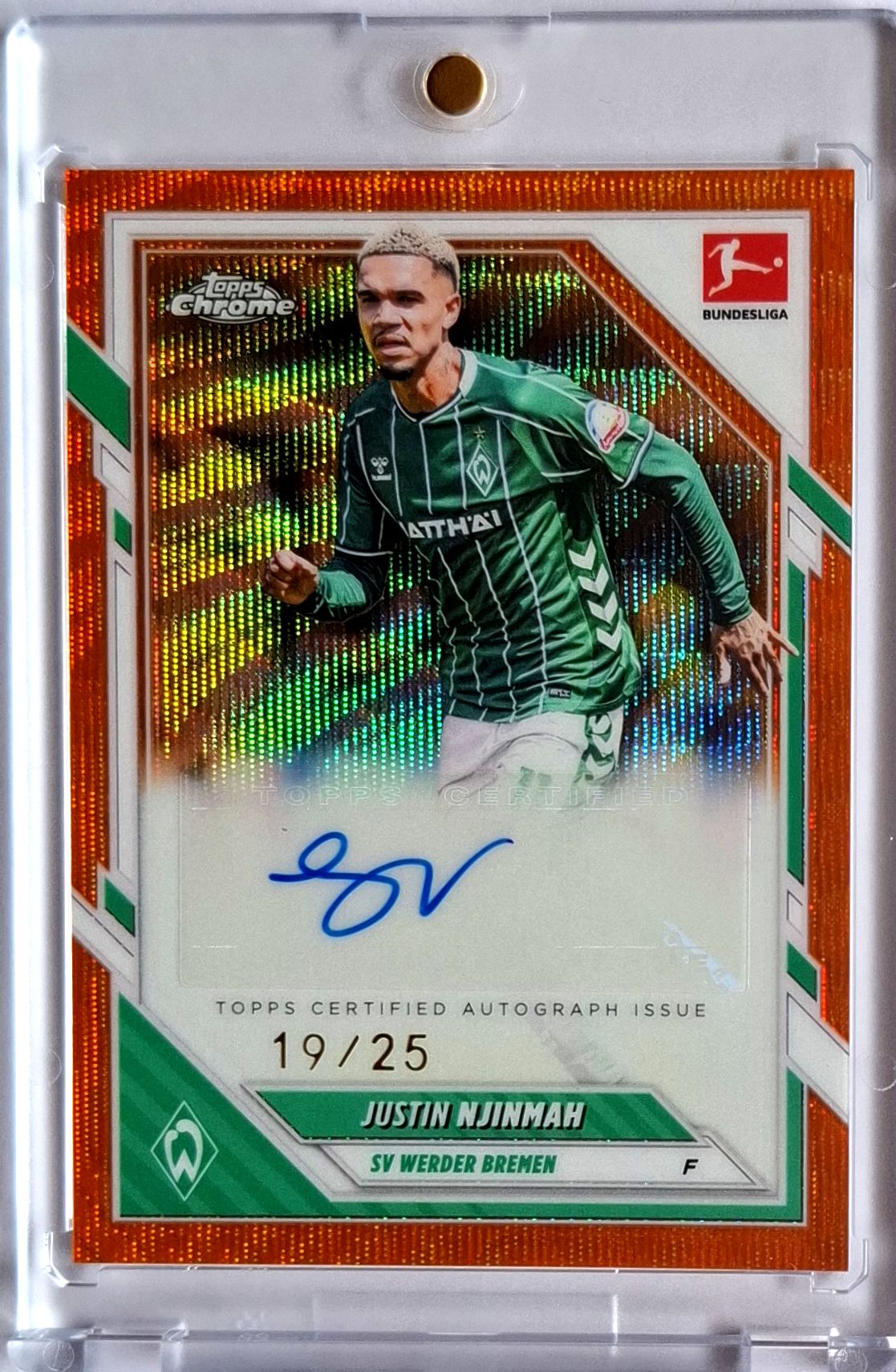 2025-26 Topps Chrome Bundesliga Justin Njinmah Orange Refractor Auto 19/25 Werder Bremen