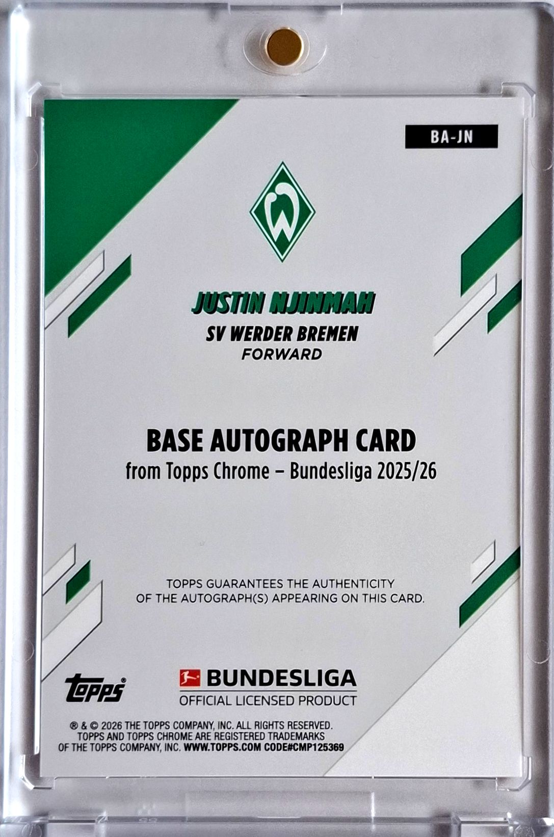 2025-26 Topps Chrome Bundesliga Justin Njinmah Orange Refractor Auto 19/25 Werder Bremen