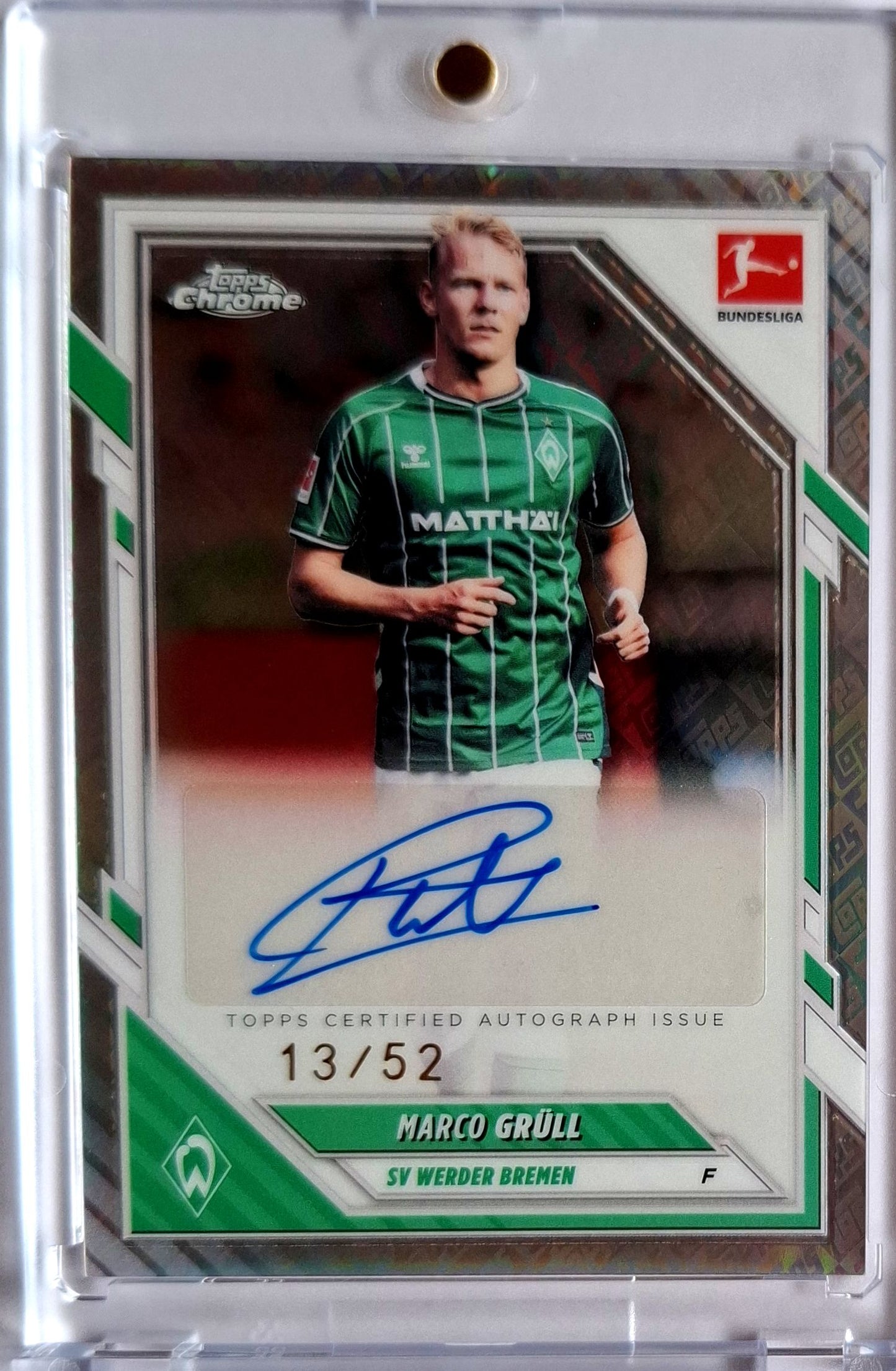 2025-26 Topps Chrome Bundesliga Marco Grüll Chrome Refractor Auto 13/52 Werder Bremen