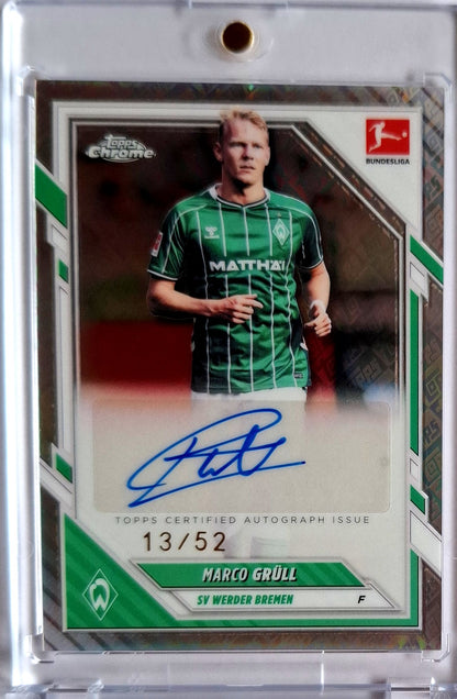 2025-26 Topps Chrome Bundesliga Marco Grüll Chrome Refractor Auto 13/52 Werder Bremen