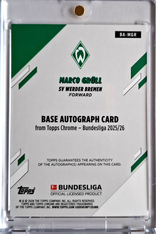 2025-26 Topps Chrome Bundesliga Marco Grüll Chrome Refractor Auto 13/52 Werder Bremen