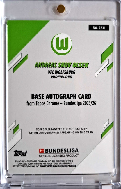 2025-26 Topps Chrome Bundesliga Andreas Skov Olsen Green Refractor Auto 86/99 VFL Wolfsburg