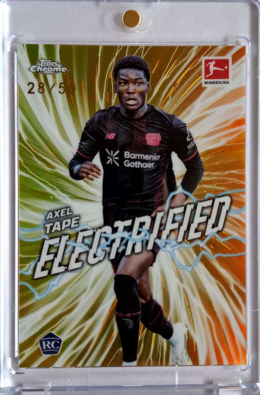 2025-26 Topps Chrome Bundesliga Axel Tape RC Rookie Electrified 28/50 Bayer Leverkusen