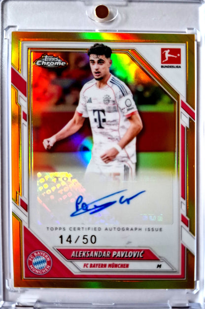2025-26 Topps Chrome Bundesliga Gold Refractor Aleksandar Pavlovic Auto 14/50 FC Bayern München