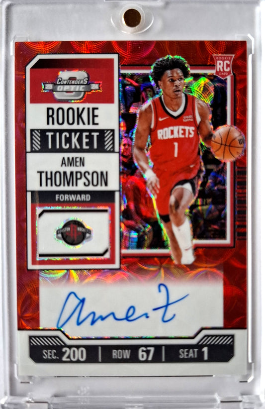 2023-24 Panini Contenders Optic Rookie Ticket International Red Scope Autograph Amen Thompson RC Auto SSP Karte Houston Rockets.