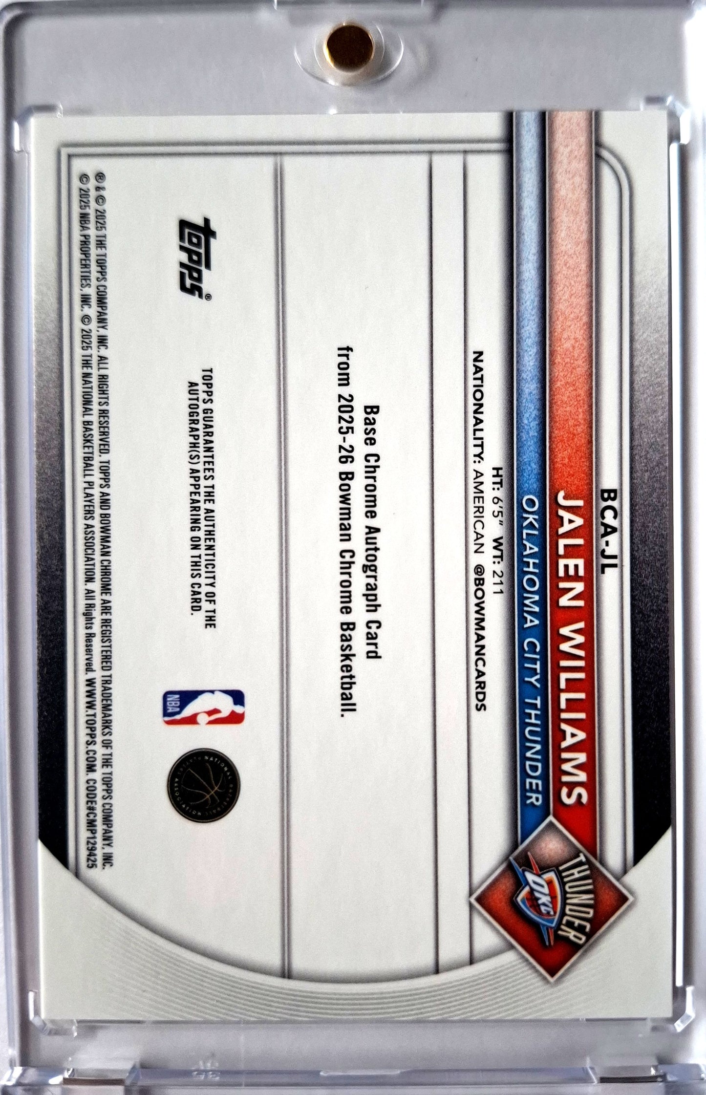 2025-26 Topps Bowman Chrome Orange Shimmer Refractor Jalen Williams Auto 09/25 OKC Thunder