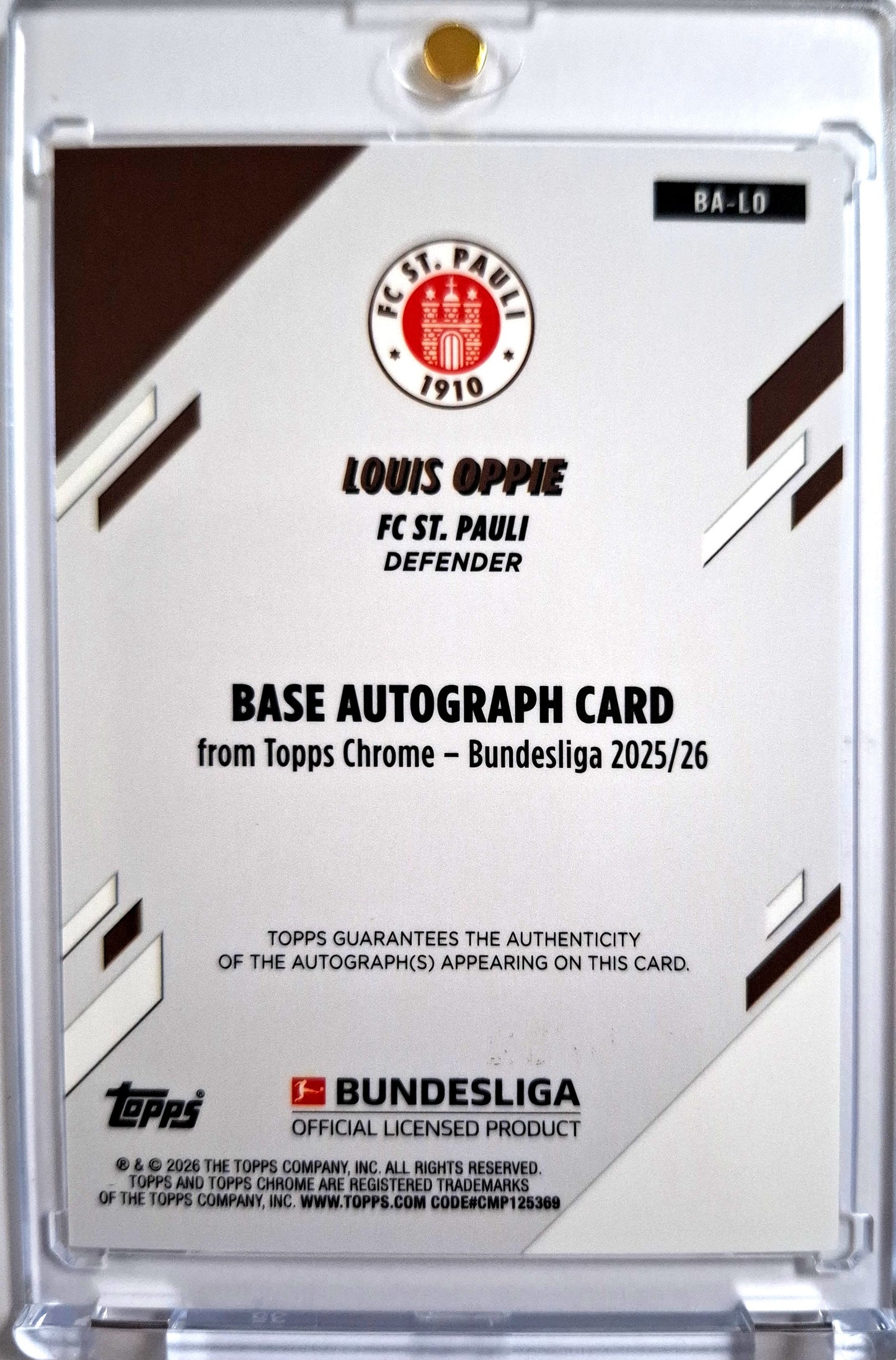 2025-26 Topps Chrome Bundesliga Autograph Toppsfractor Louis Oppie RC Rookie Auto 49/52 FC St. Pauli