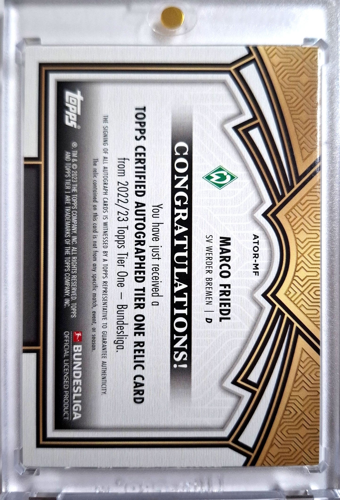 2022-23 Topps Tier One Bundesliga Autograph Relic Marco Friedl Auto Jersey 06/10 Werder Bremen