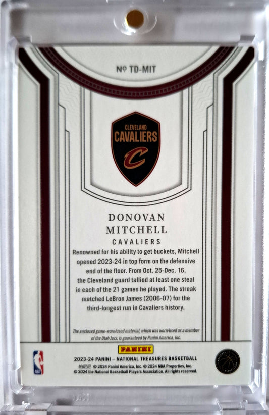 2023-24 Panini National Treasures Treasured Threads Donovan Mitchell Patch 4/8 Game Worn Cleveland Cavaliers