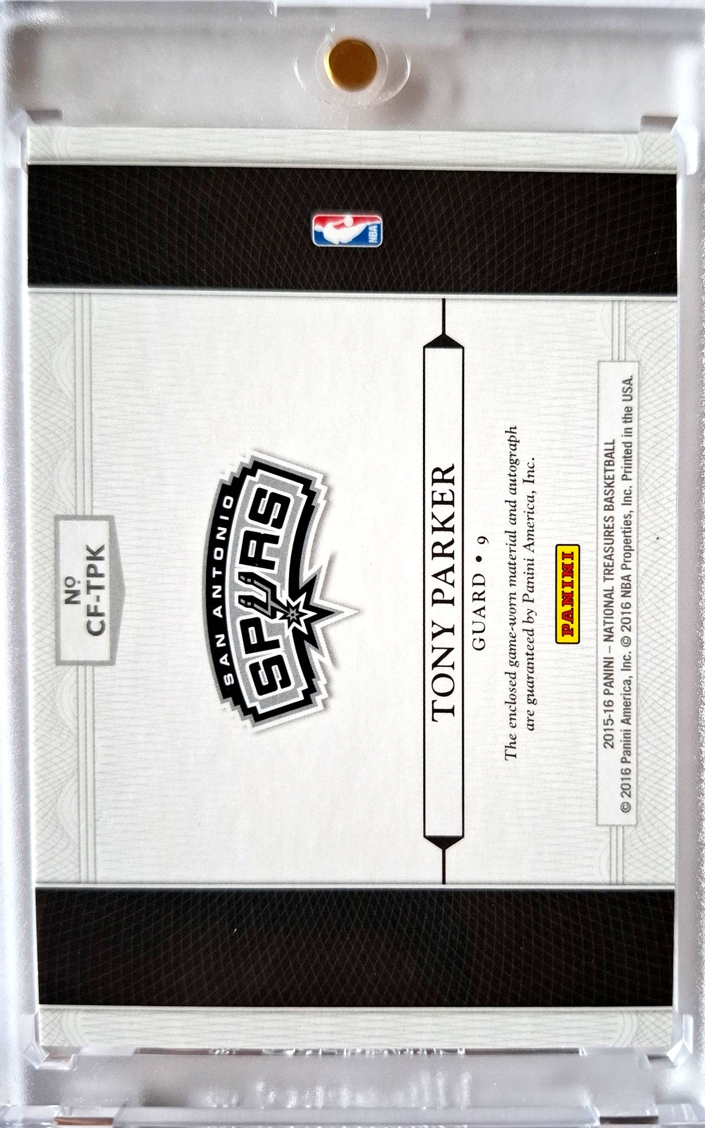 2015-16 Panini National Treasures Clutch Factor Tony Parker Patch Auto 13/25 Game Worn San Antonio Spurs