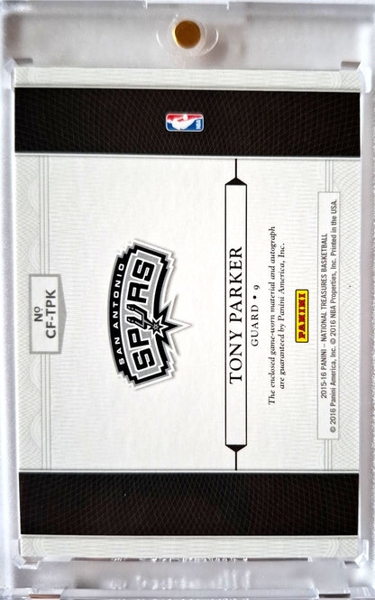 2015-16 Panini National Treasures Clutch Factor Tony Parker Patch Auto 13/25 Game Worn San Antonio Spurs