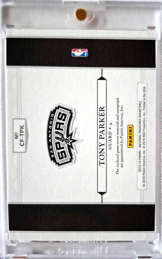 2015-16 Panini National Treasures Clutch Factor Tony Parker Patch Auto 13/25 Game Worn San Antonio Spurs