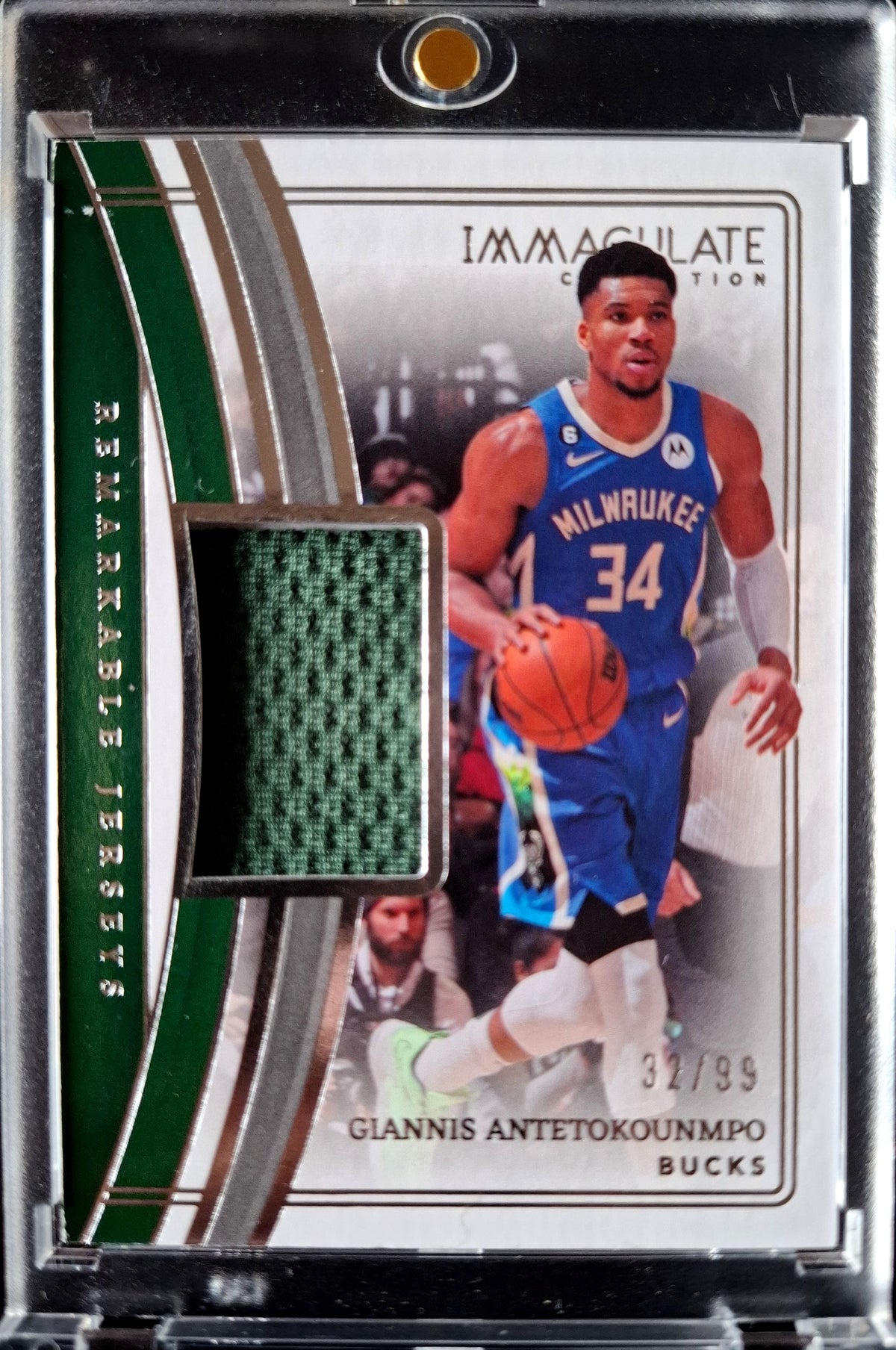 2022-23 Panini Immaculate Remarkable Jerseys Giannis Antetokounmpo Game Worn Jersey Karte 32/99 Milwaukee Bucks.