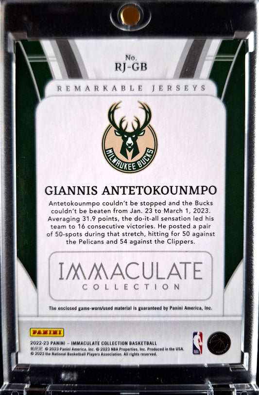 2022-23 Panini Immaculate Remarkable Jerseys Giannis Antetokounmpo 32/99 Game Worn Milwaukee Bucks