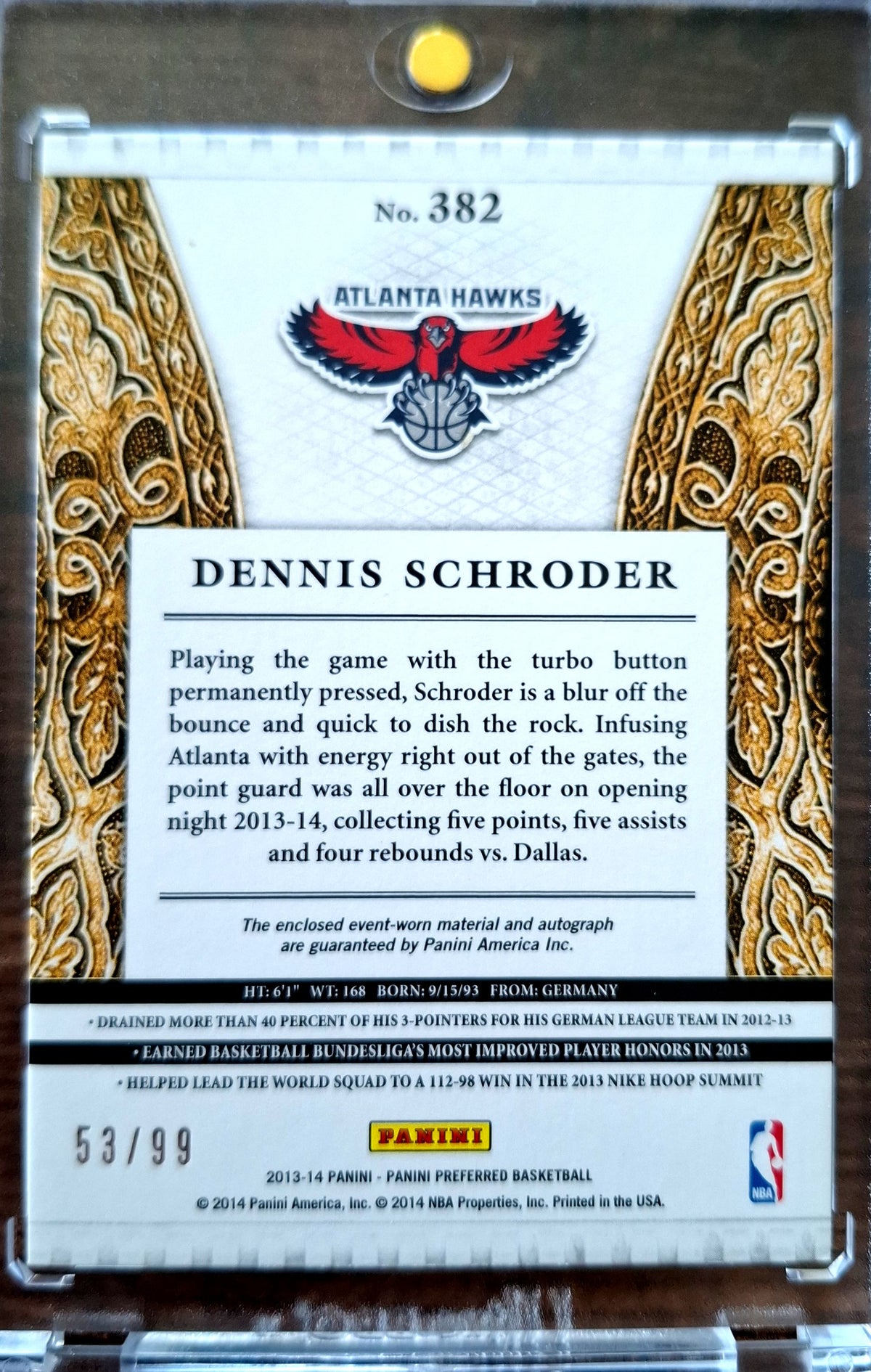 2013-14 Panini Preferred Silhouettes Rookie Jersey Auto Dennis Schröder RC 53/99 Atlanta Hawks Game Worn