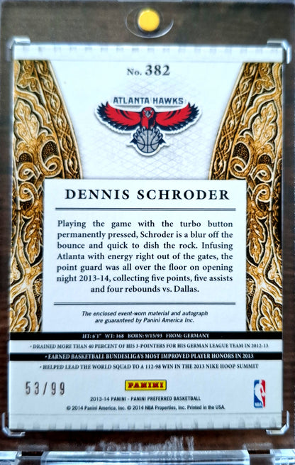 2013-14 Panini Preferred Silhouettes Rookie Jersey Auto Dennis Schröder RC 53/99 Atlanta Hawks Game Worn