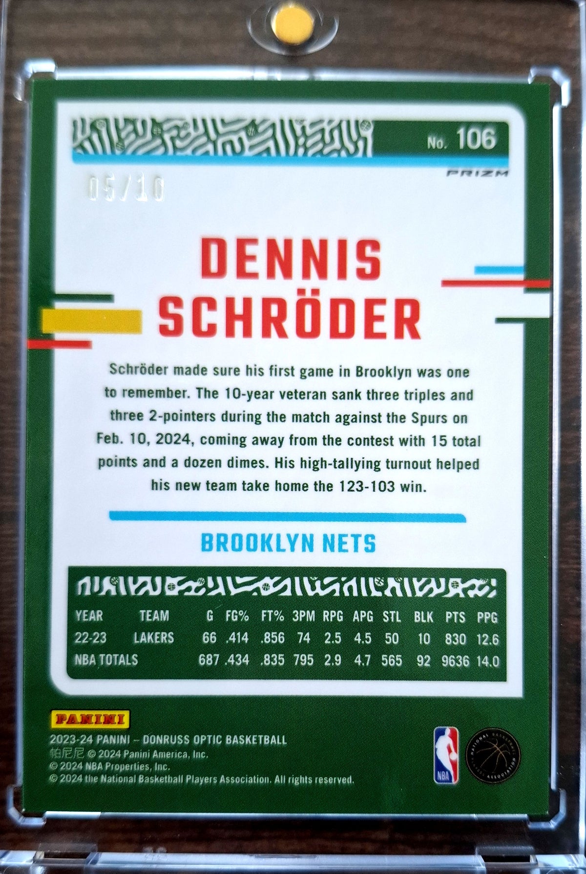 2023-24 Panini Donruss Optic Disco Gold Prizm 05/10 Dennis Schröder Brooklyn Nets