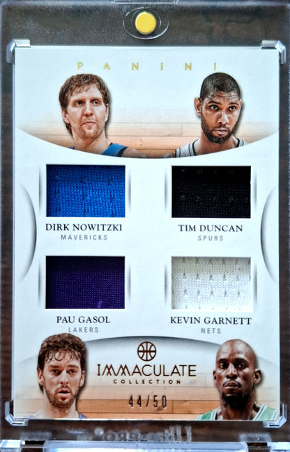 2012-13 Panini Immaculate Dirk Nowitzki Tim Duncan Pau Gasol Kevin Garnett Game Worn Quad Patch Jersey Karte 44/50.