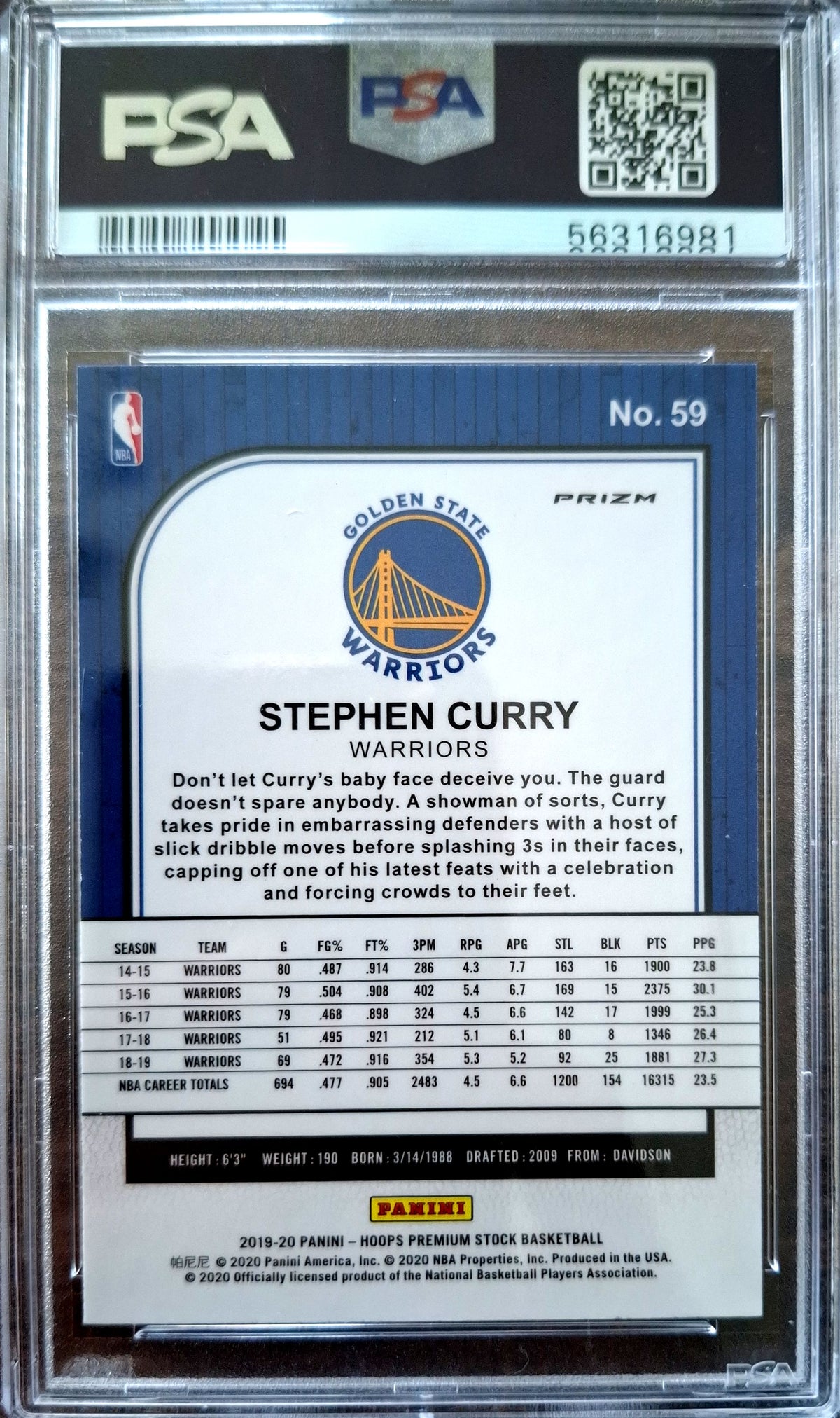 2019-20 Panini Hoops Premium Stock Pulsar Stephen Curry PSA 10 GEM Mint Golden State Warriors