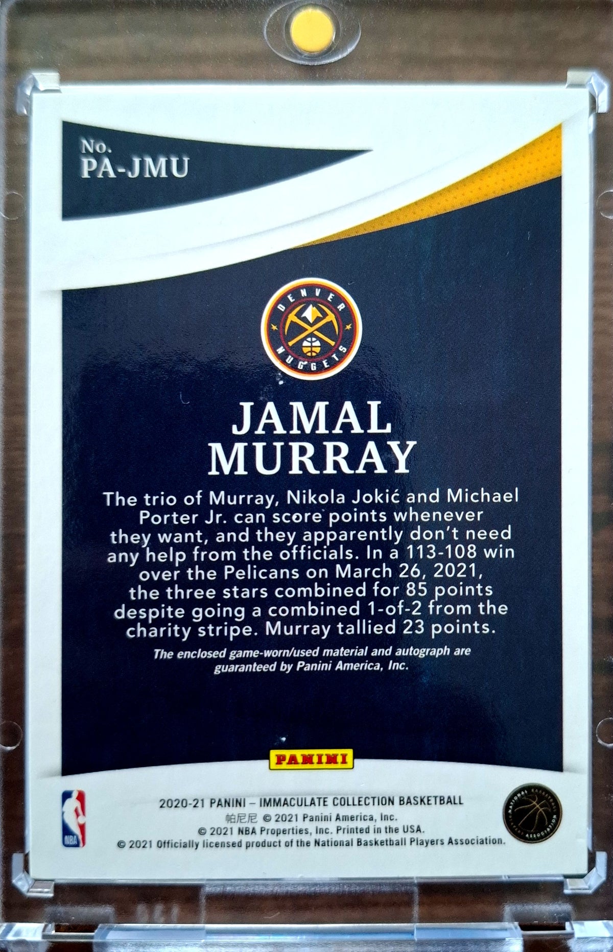 2020-21 Panini Immaculate Patch Autograph Jamal Murray Auto 11/25 Denver Nuggets