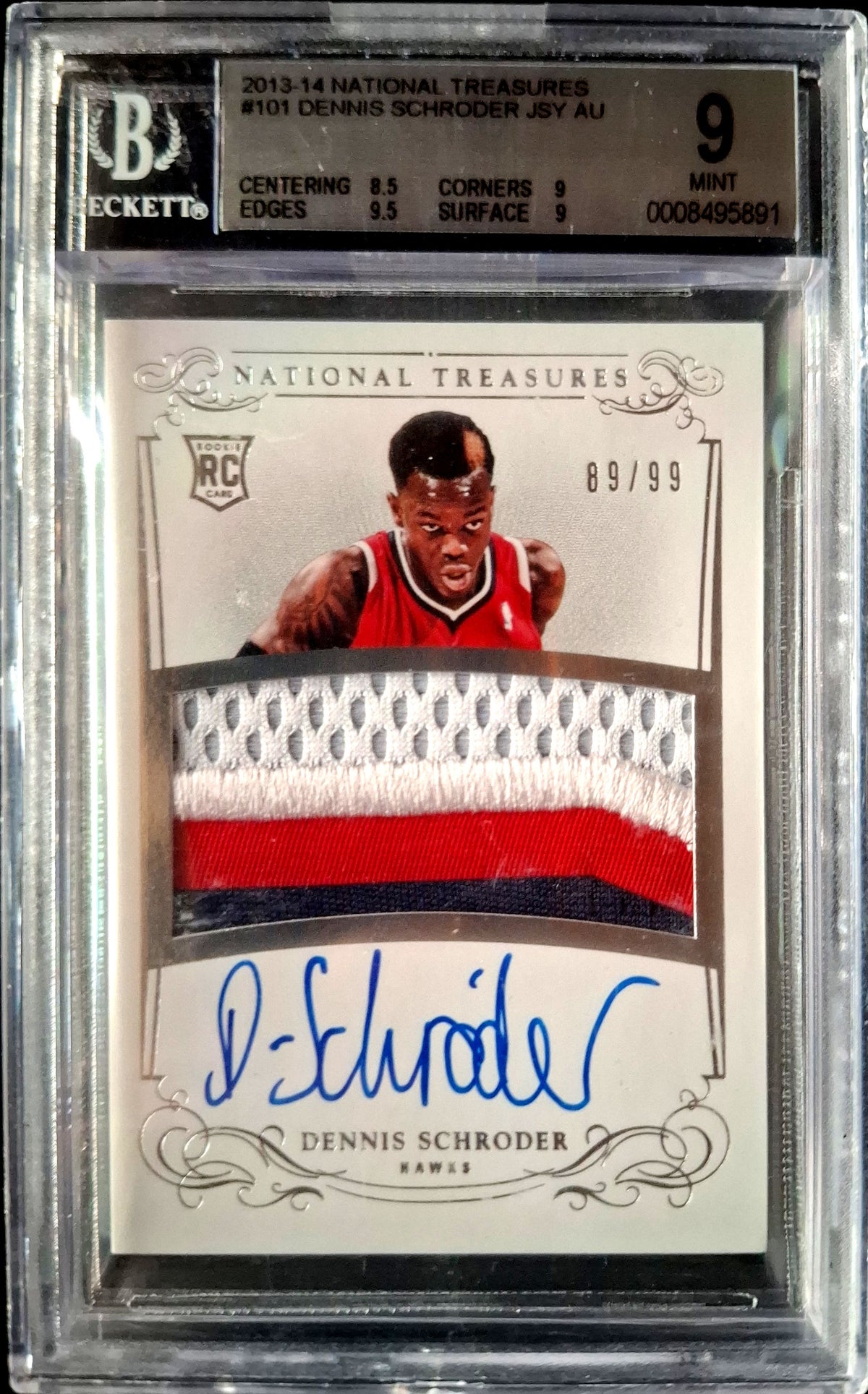 2013-14 Panini National Treasures Rookie Patch Auto RPA Dennis Schröder Karte 89/99 BGS 9 Auto 10 Atlanta Hawks.
