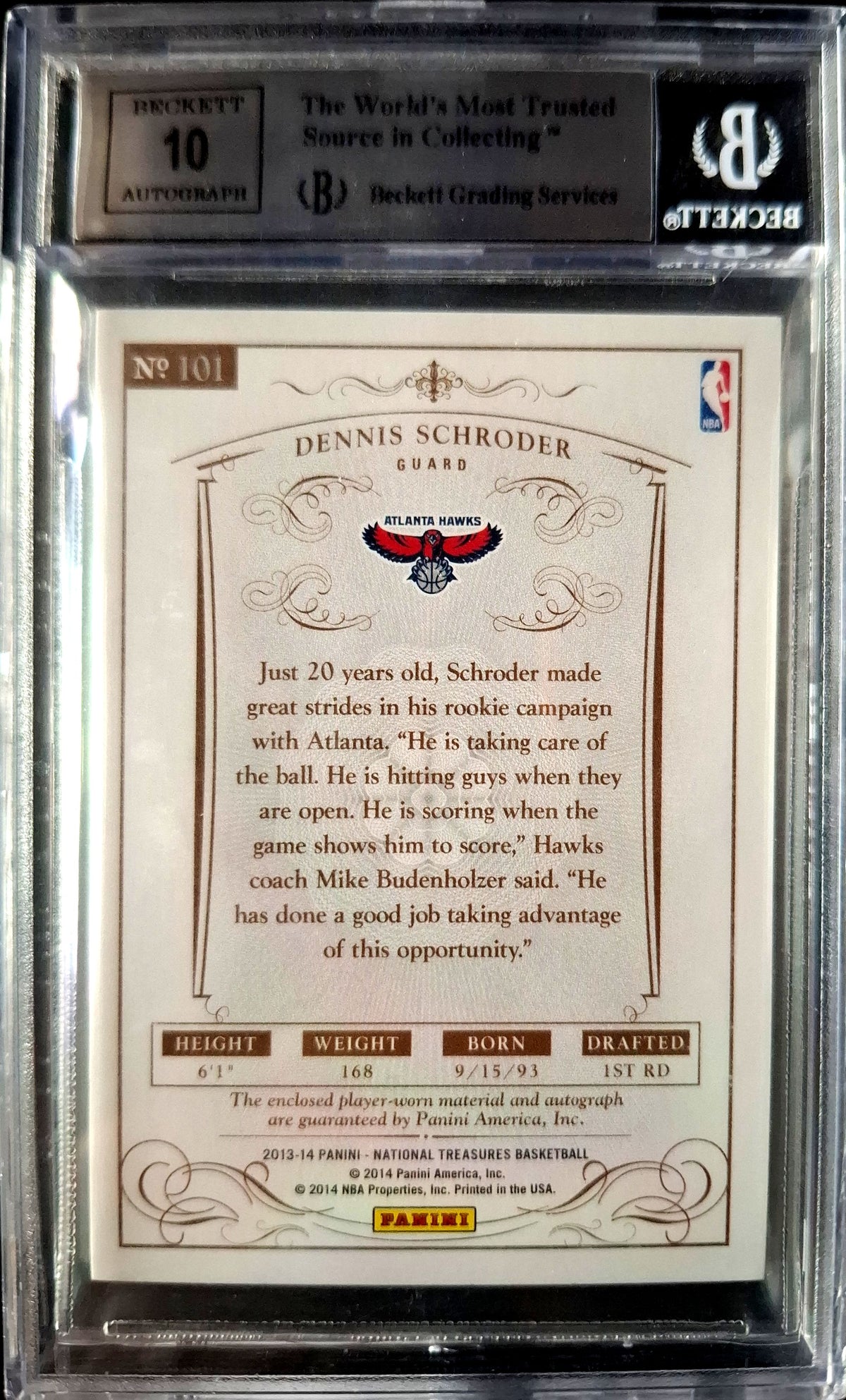 2013-14 Panini National Treasures Rookie Patch Auto RPA Dennis Schröder 89/99 BGS9 Auto 10 Atlanta Hawks