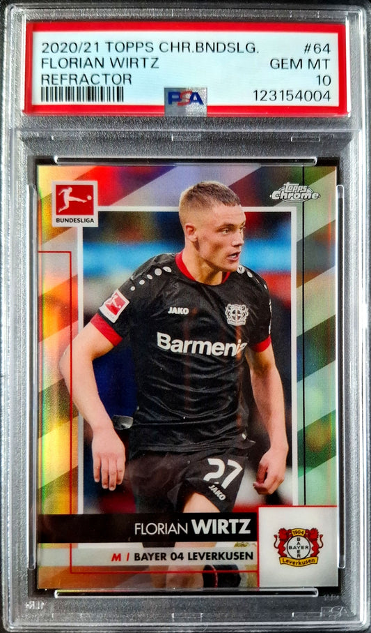 2020-21 Topps Chrome Bundesliga Refractor Florian Wirtz RC Rookie Karte PSA 10 Gem Mint Bayer Leverkusen.
