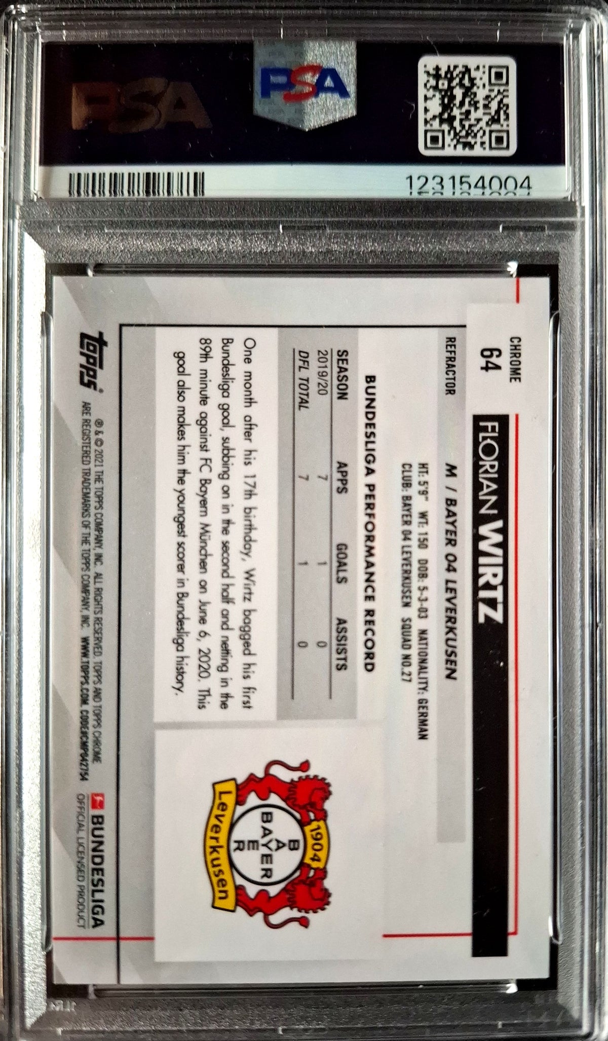 2020-21 Topps Chrome Bundesliga Refractor Florian Wirtz RC Rookie PSA 10 GEM Mint Bayer Leverkusen