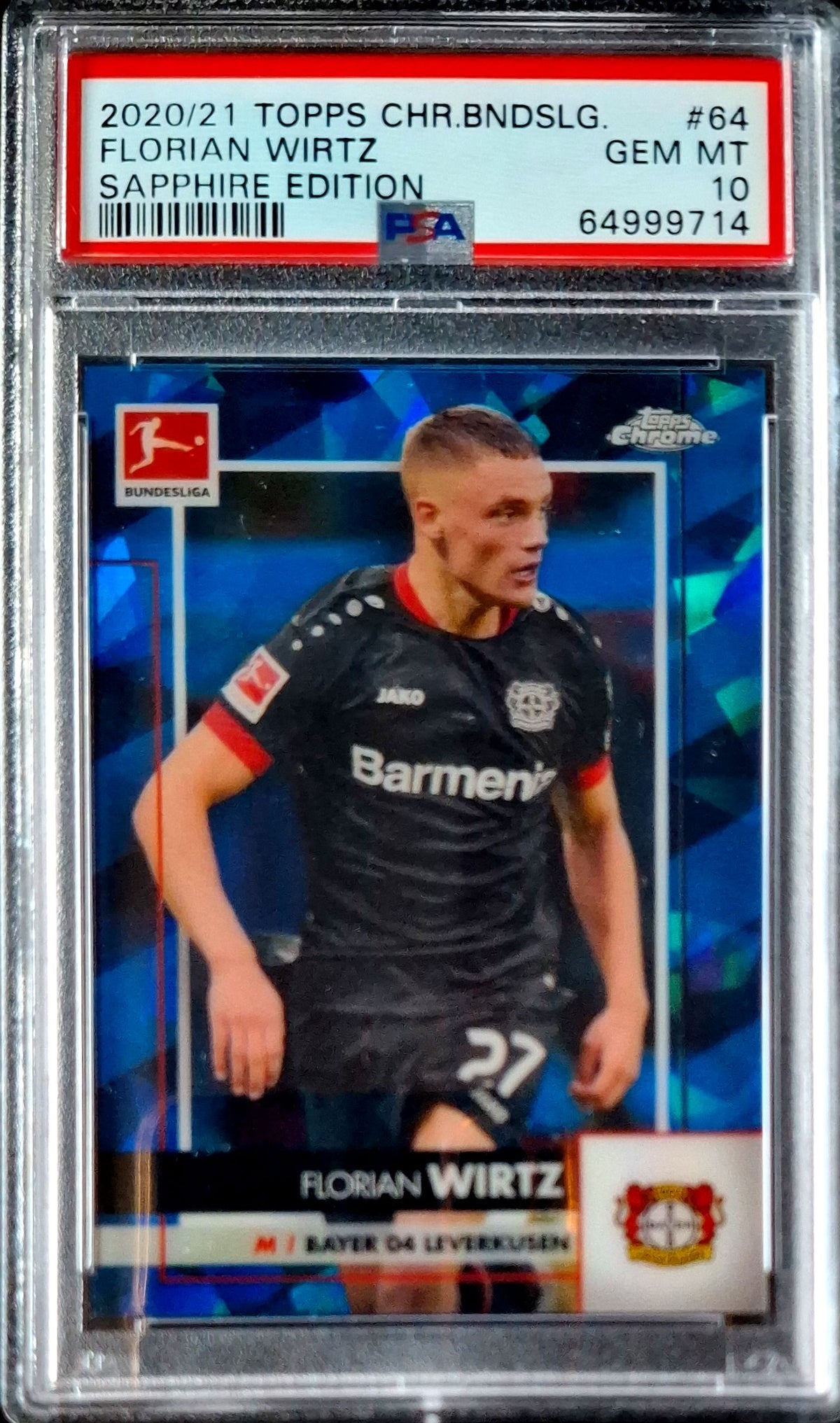 2020-21 Topps Chrome Bundesliga Sapphire Edition Florian Wirtz RC Rookie Karte PSA 10 Gem Mint Bayer Leverkusen.