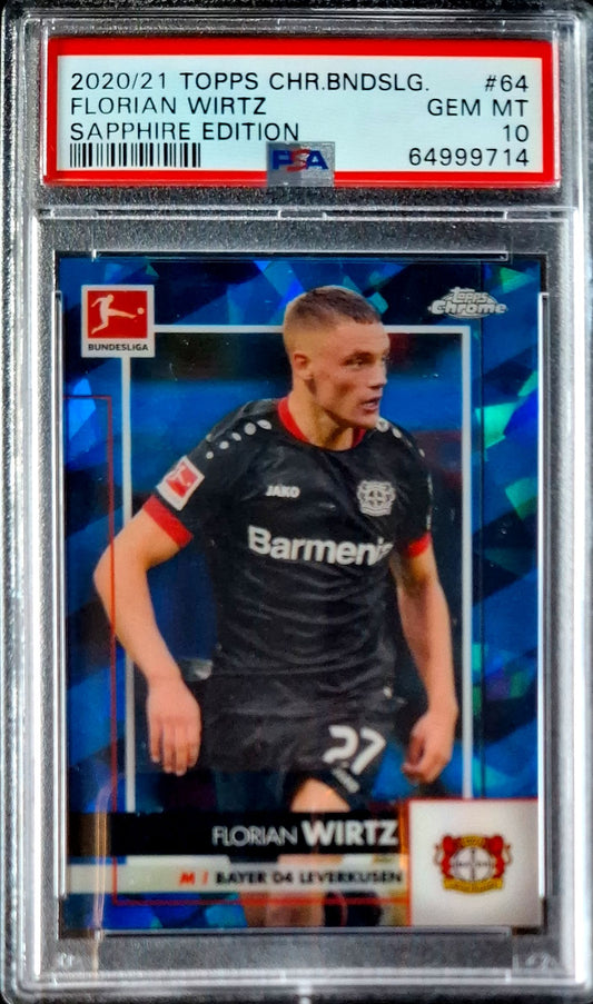 2020-21 Topps Chrome Bundesliga Sapphire Edition Florian Wirtz RC Rookie Karte PSA 10 Gem Mint Bayer Leverkusen.