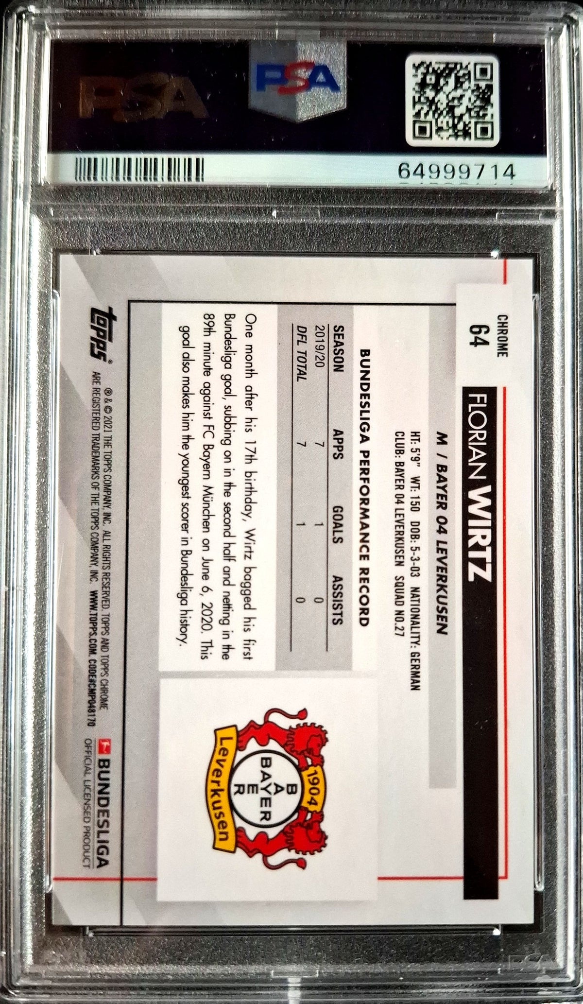 2020-21 Topps Chrome Bundesliga Sapphire Edition Florian Wirtz RC Rookie PSA 10 GEM Mint Bayer Leverkusen