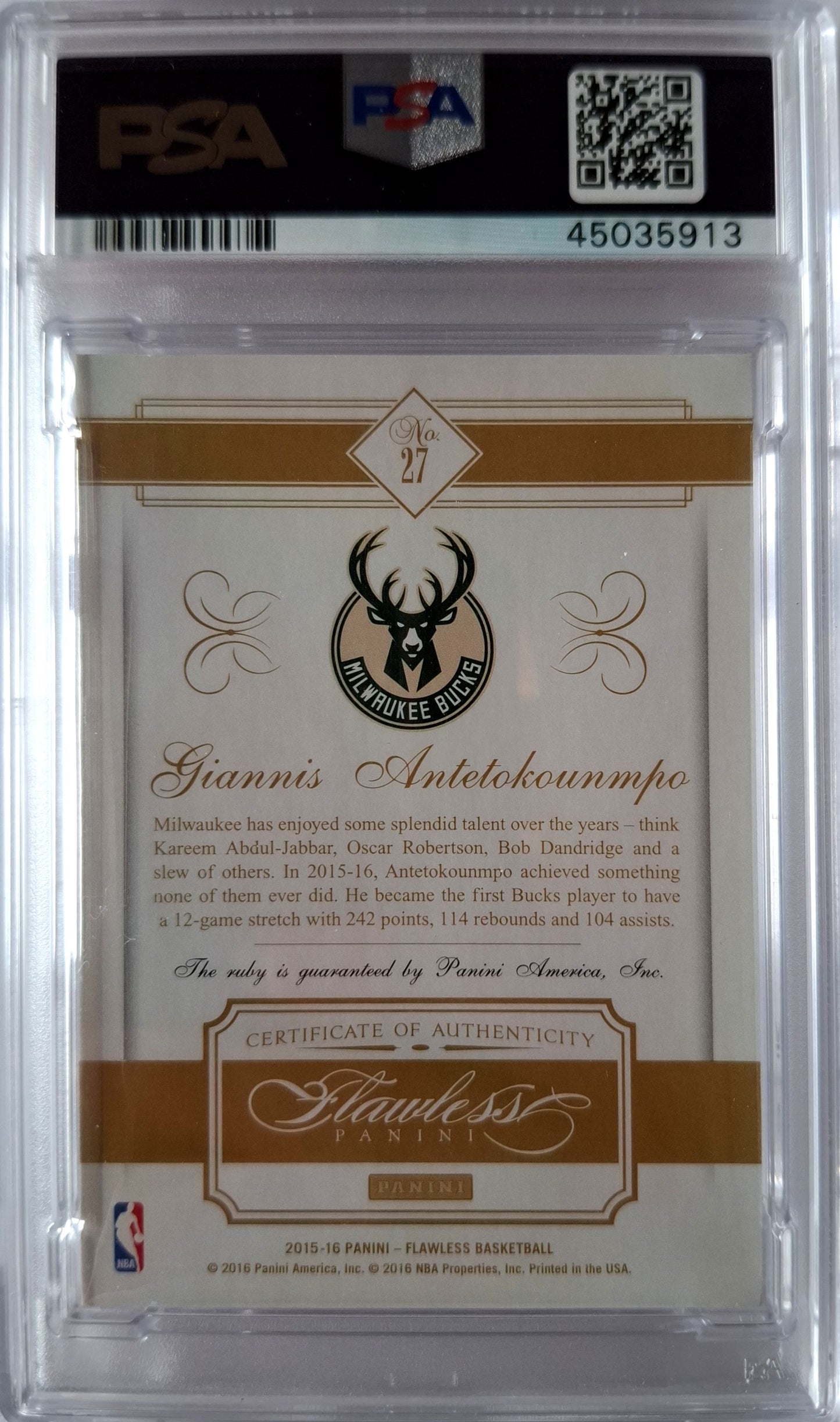 2015-16 Panini Flawless Ruby Diamond Giannis Antetokounmpo 01/15 PSA 8 Pop 1 Milwaukee Bucks