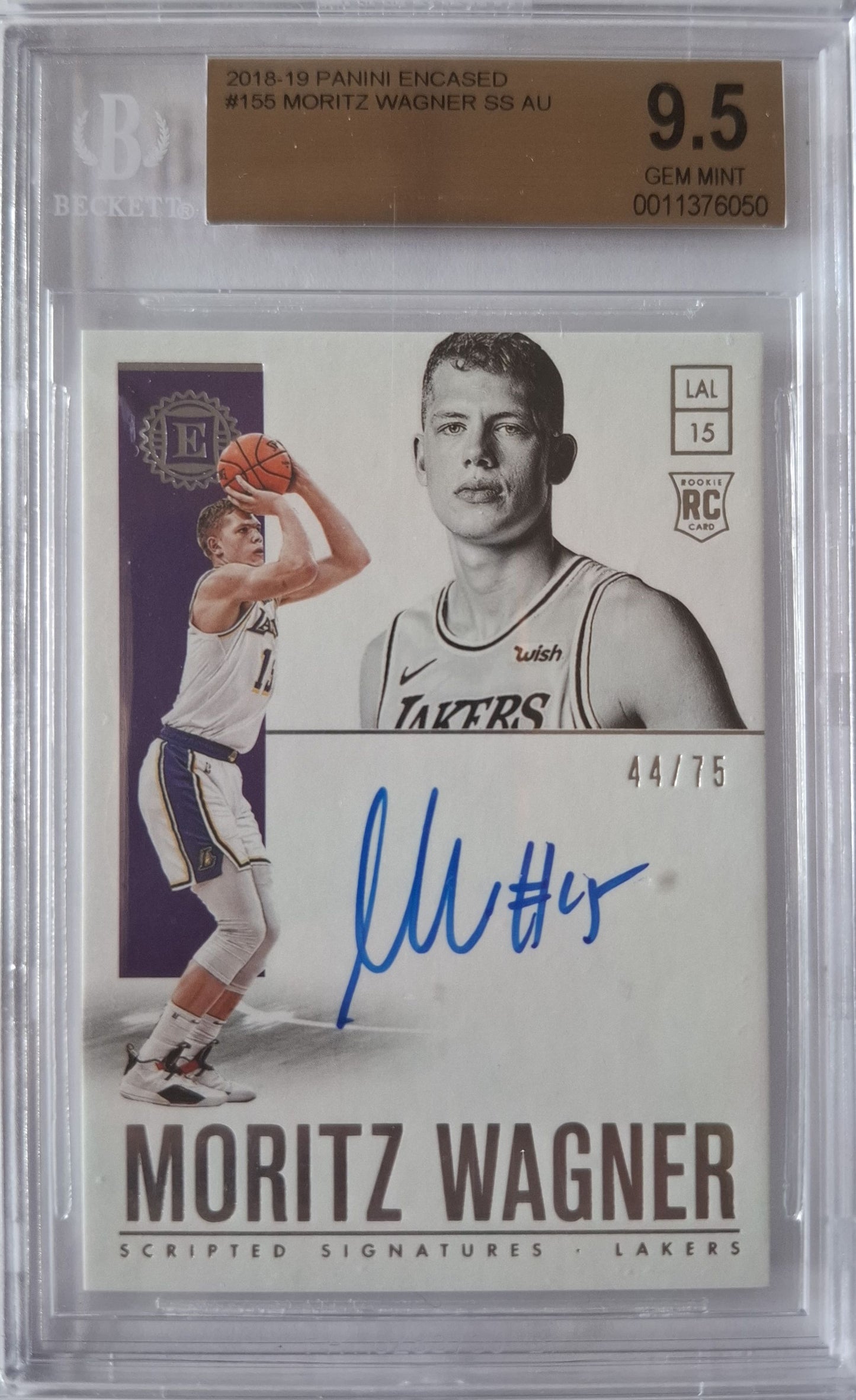 2018-19 Panini Encased Moritz Wagner Scripted Signatures Rookie Auto 44/75 BGS 9.5 / Auto 10 Los Angeles Lakers