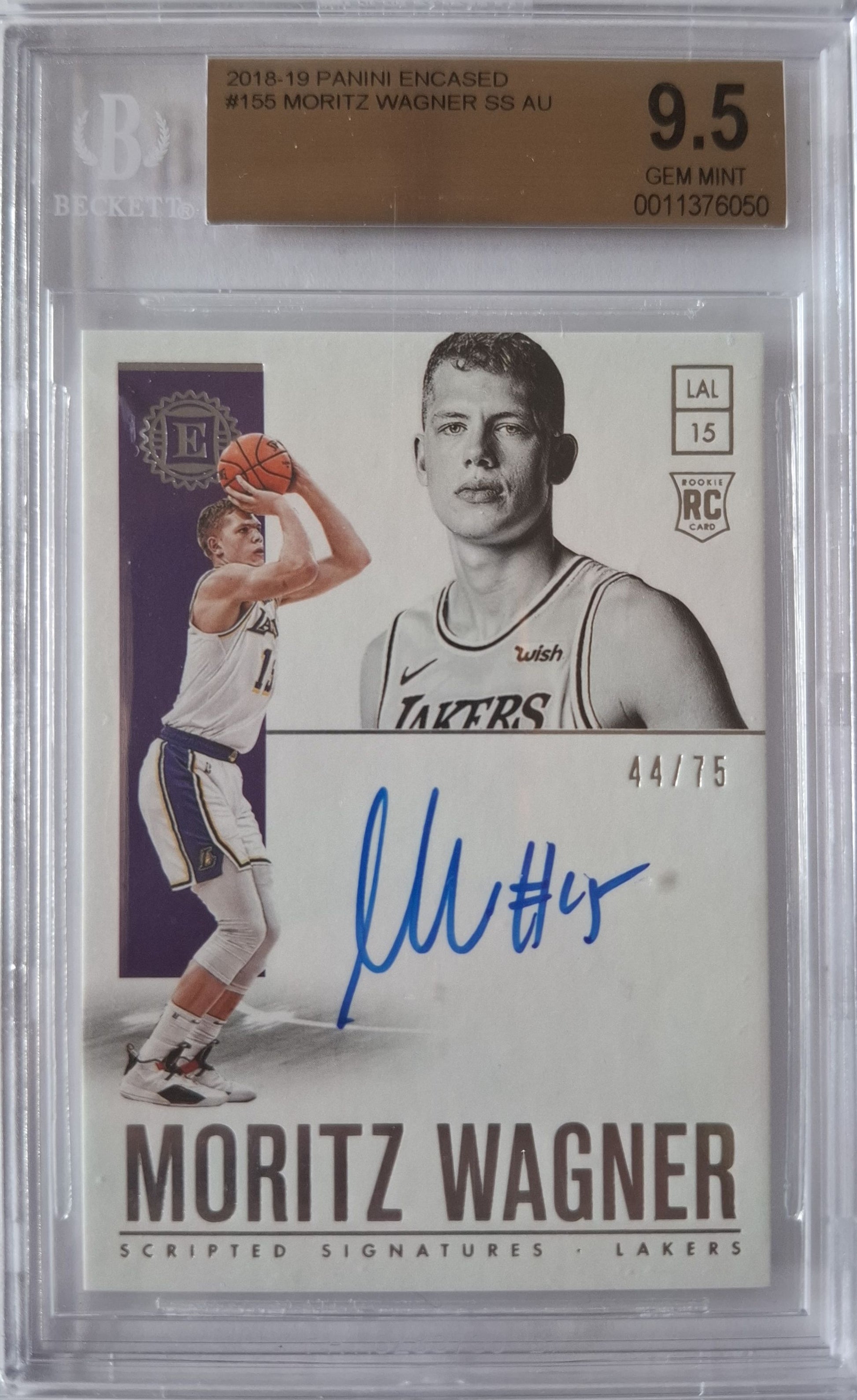 2018-19 Panini Encased Moritz Wagner Scripted Signatures Rookie Auto 44/75 BGS 9.5 / Auto 10 Los Angeles Lakers
