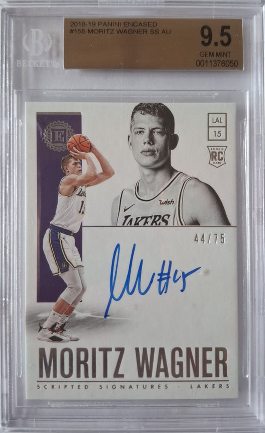2018-19 Panini Encased Moritz Wagner Scripted Signatures Rookie Auto 44/75 BGS 9.5 / Auto 10 Los Angeles Lakers