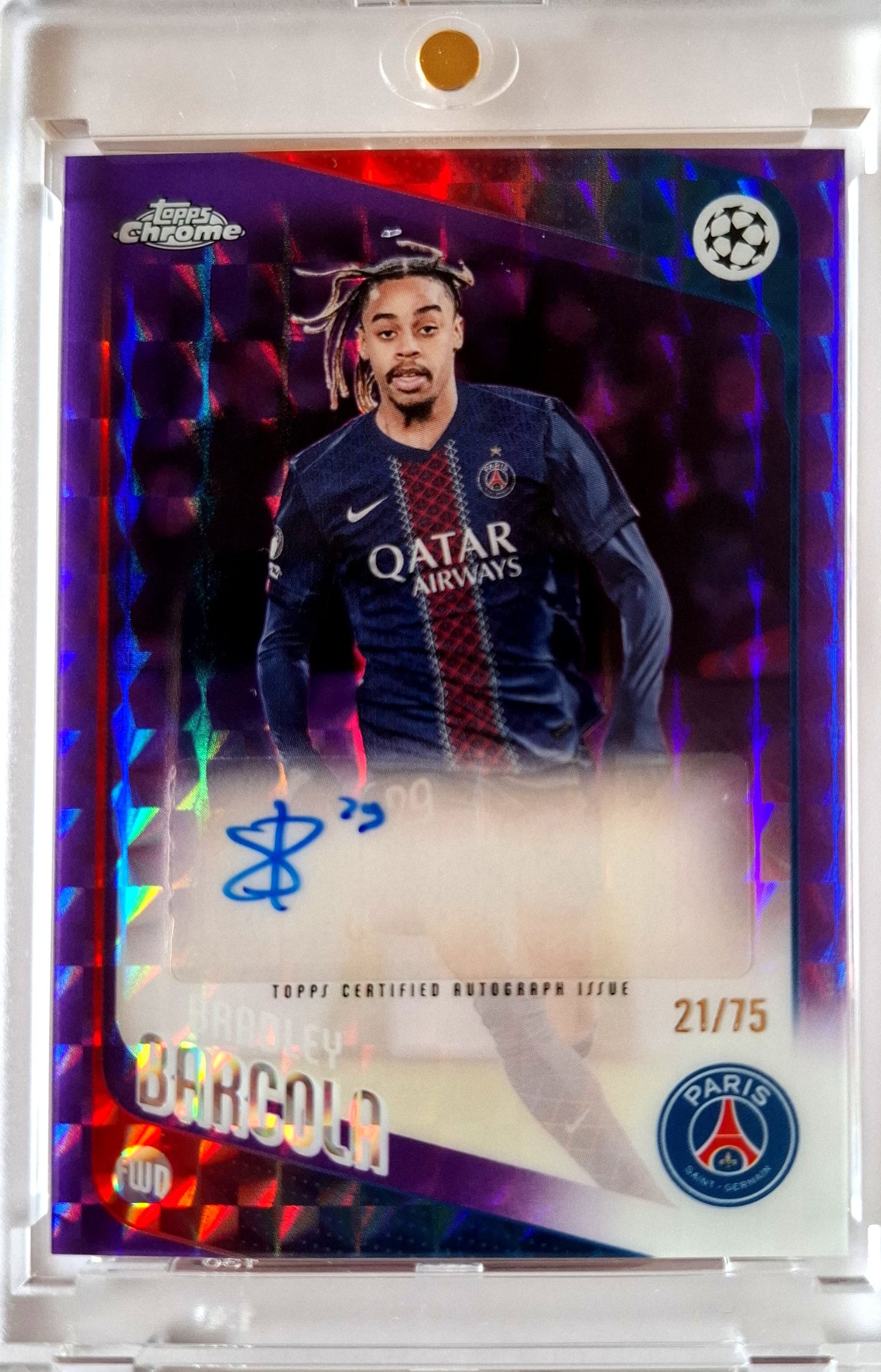 2025-26 Topps Chrome UCC Purple Geometric Refractor Bradley Barcola Auto 21/75 PSG Paris St. Germain