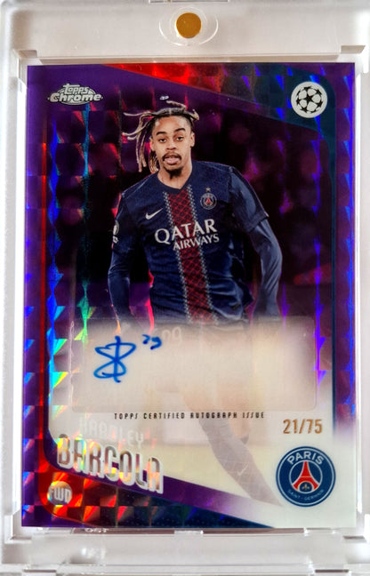 2025-26 Topps Chrome UCC Purple Geometric Refractor Bradley Barcola Auto 21/75 PSG Paris St. Germain