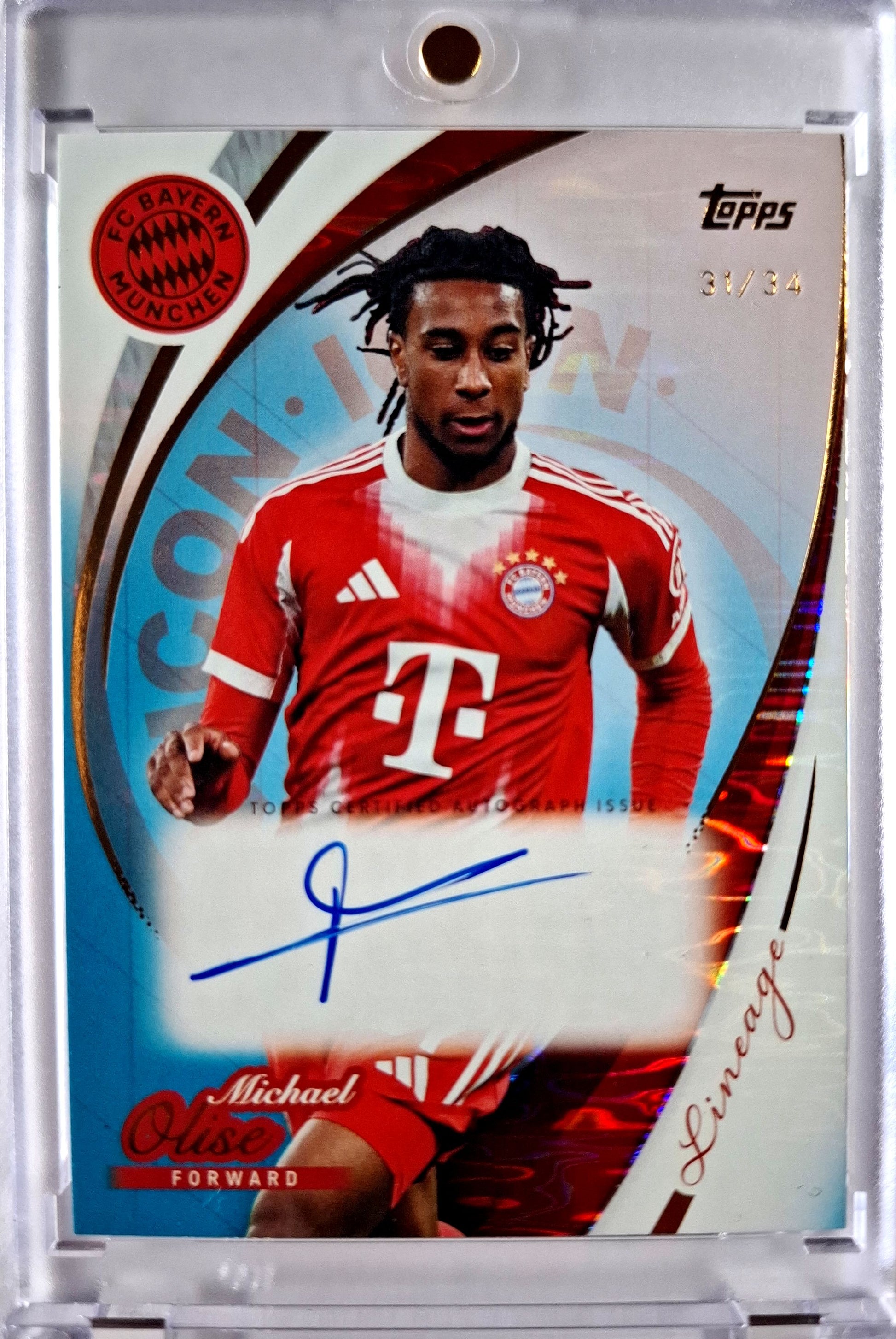 2025-26 Topps Lineage FC Bayern München Icons Autograph Michael Olise Auto Karte 31/34.