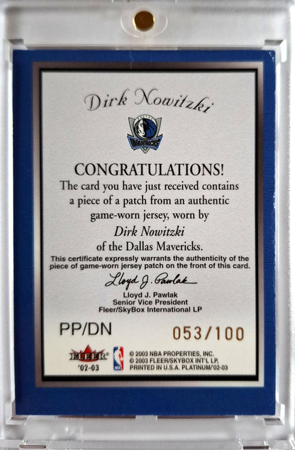 2002-03 Fleer Platinum Portraits Dirk Nowitzki Patch Game Worn 053/100 Dallas Mavericks