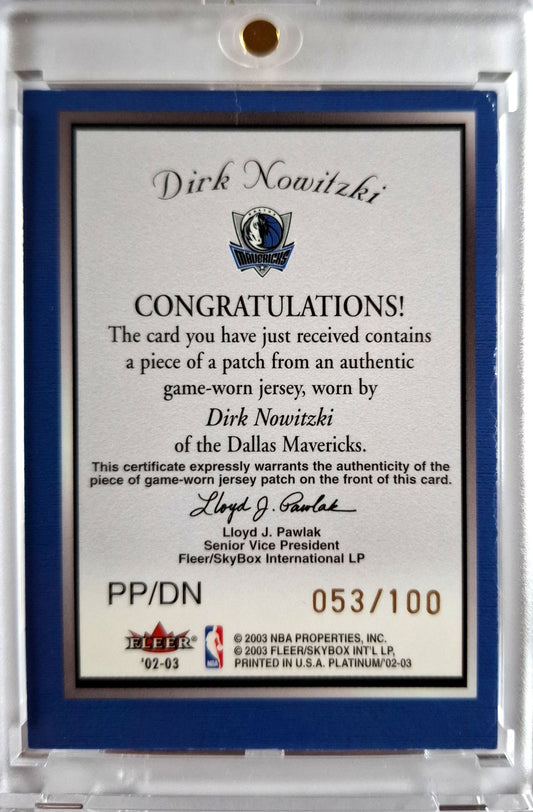 2002-03 Fleer Platinum Portraits Dirk Nowitzki Patch Game Worn 053/100 Dallas Mavericks