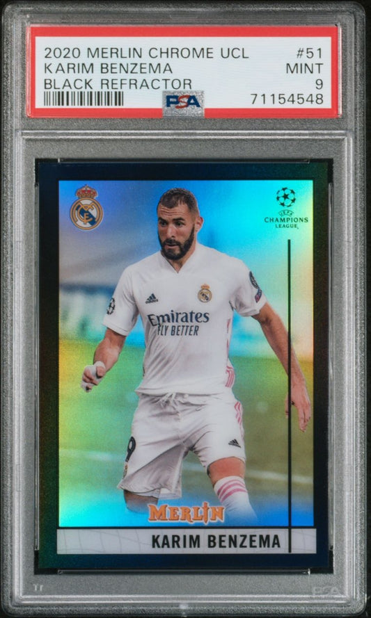 2020-21 Topps Merlin Chrome UCL Black Refractor Karim Benzema Karte 02/15 PSA 9 Real Madrid.