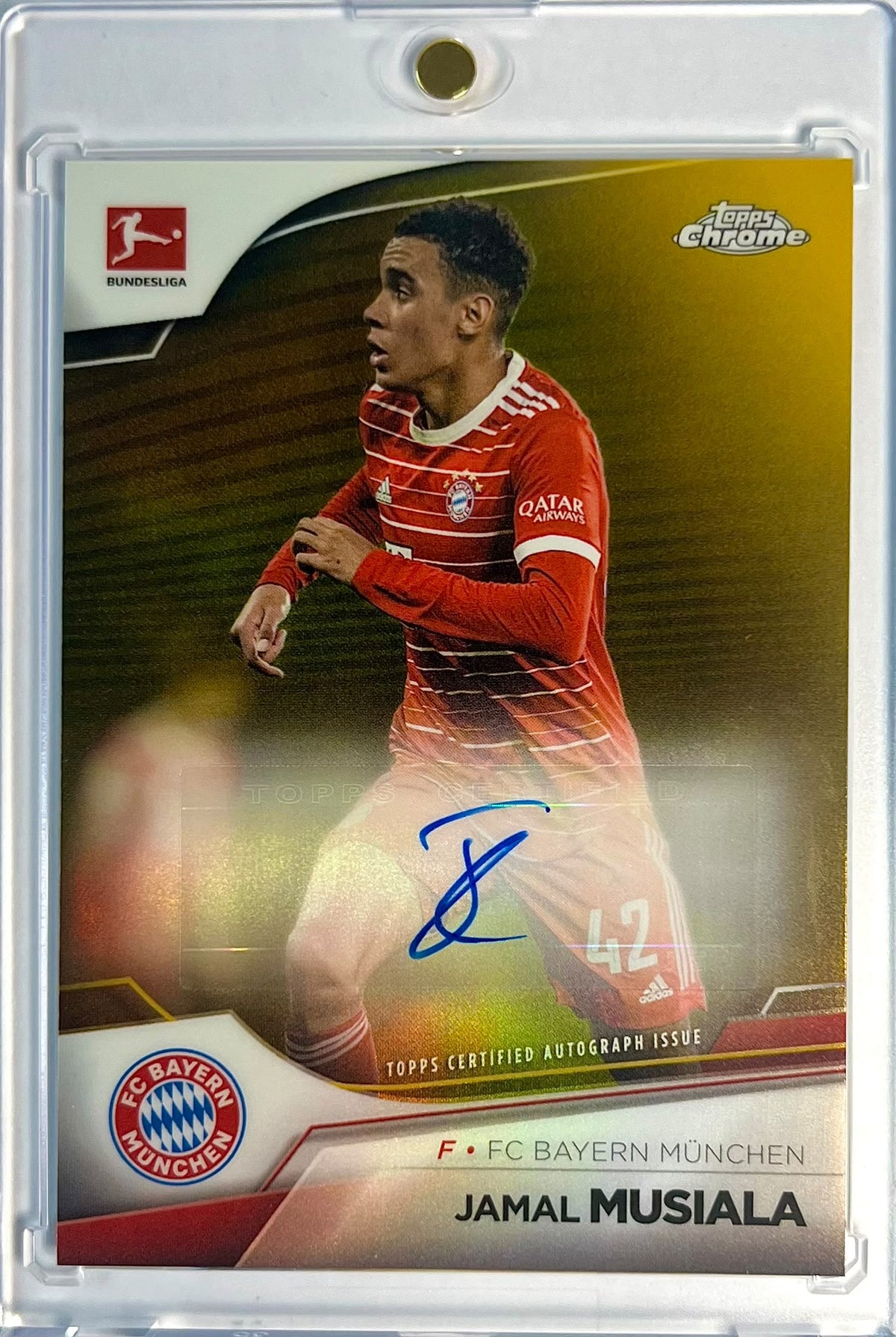 2022-23 Topps Chrome Bundesliga Gold Refractor Jamal Musiala Auto Karte 06/50 FC Bayern München.