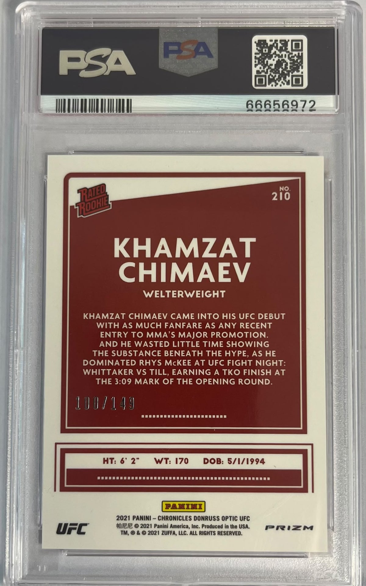 2021 Panini Chronicles UFC Rated Rookie Red Khamzat Chimaev 100/149 PSA 10 GEM Mint