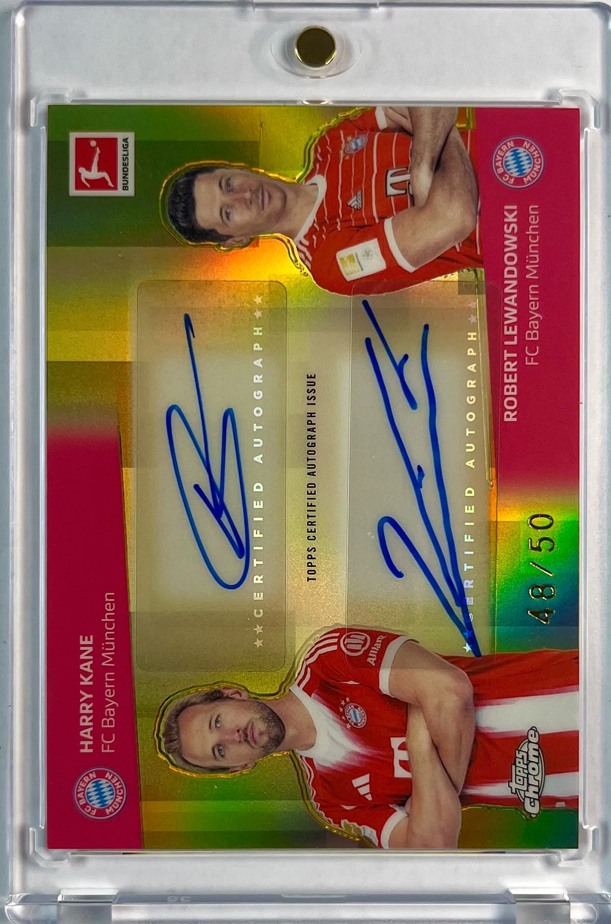 2025-26 Topps Chrome Bundesliga Gold Refractor Dual Auto Harry Kane und Robert Lewandowski Karte 48/50 FC Bayern München.