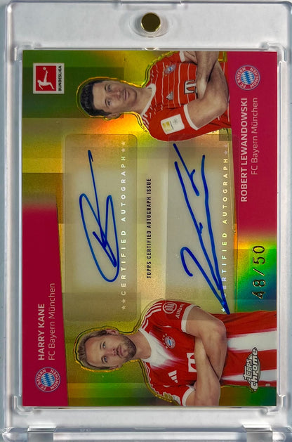 2025-26 Topps Chrome Bundesliga Gold Refractor Dual Auto Harry Kane und Robert Lewandowski Karte 48/50 FC Bayern München.