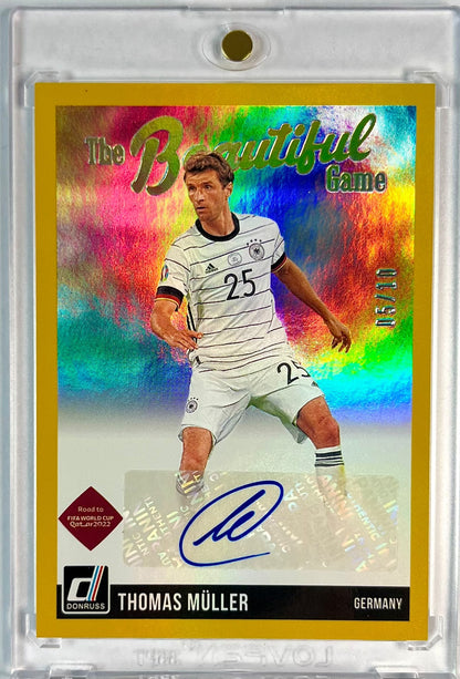 2021-22 Panini Donruss Soccer The Beautiful Game Gold Thomas Müller Auto Karte 05/10 DFB Deutschland.
