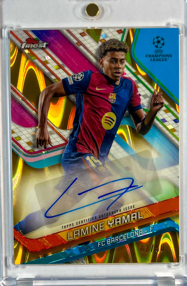 2025-26 Topps Finest UCC Gold Lava Refractor Lamine Yamal Auto Karte 42/50 FC Barcelona.