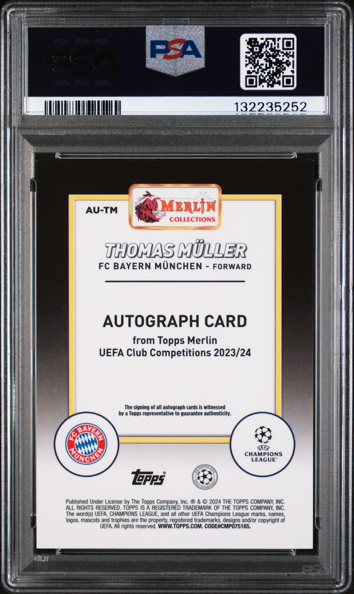 2023-24 Topps Merlin UCC Black Refractor Auto Thomas Müller 05/10 PSA 9 FC Bayern München