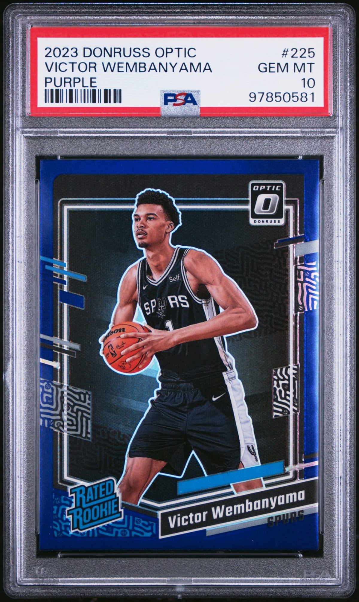 2023-24 Panini Donruss Optic Rated Rookie Purple Victor Wembanyama SP RC Karte PSA 10 Gem Mint San Antonio Spurs.