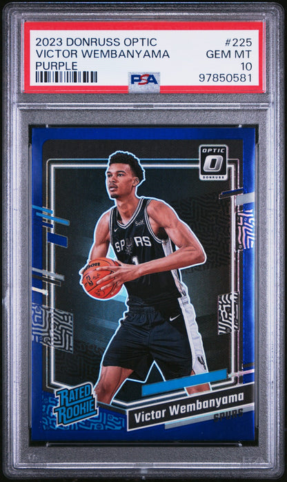2023-24 Panini Donruss Optic Rated Rookie Purple Victor Wembanyama SP RC Karte PSA 10 Gem Mint San Antonio Spurs.